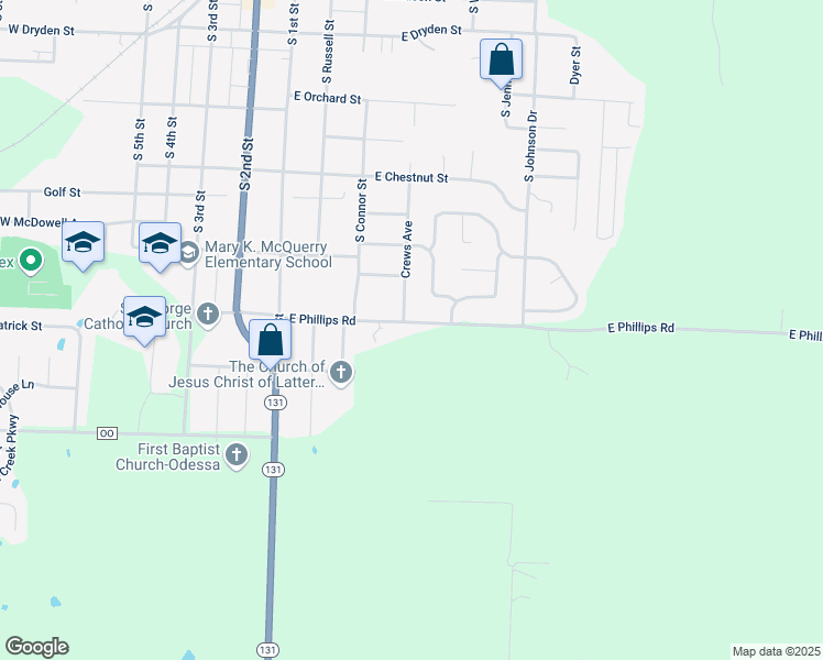 map of restaurants, bars, coffee shops, grocery stores, and more near 338 East Phillips Road in Odessa