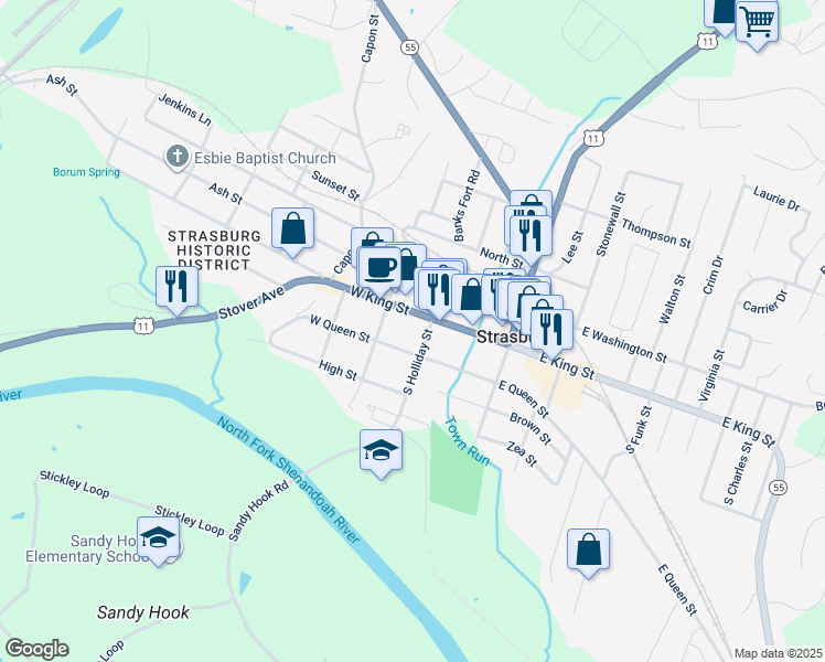 map of restaurants, bars, coffee shops, grocery stores, and more near 155 West King Street in Strasburg