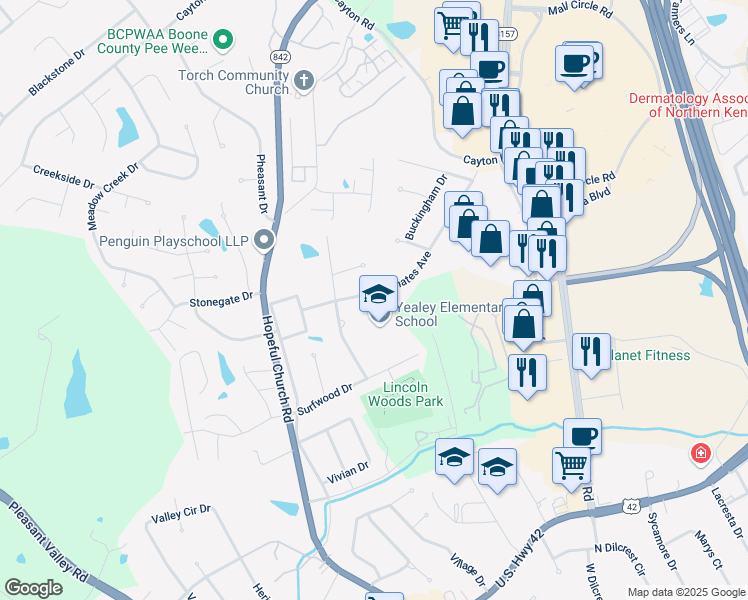map of restaurants, bars, coffee shops, grocery stores, and more near 27 Achates Drive in Florence