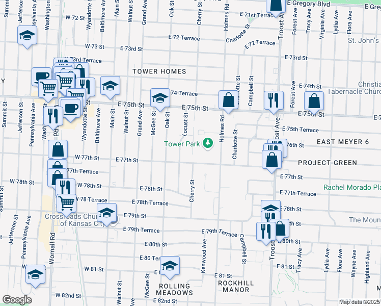 map of restaurants, bars, coffee shops, grocery stores, and more near 7612 Mary Belle Lane in Kansas City