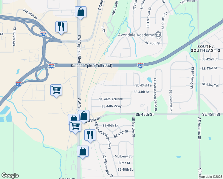 map of restaurants, bars, coffee shops, grocery stores, and more near 4321 Southeast Grand Oaks Avenue in Topeka