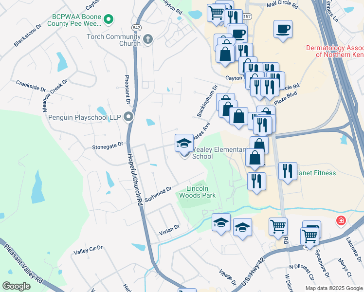 map of restaurants, bars, coffee shops, grocery stores, and more near 27 Achates Drive in Florence
