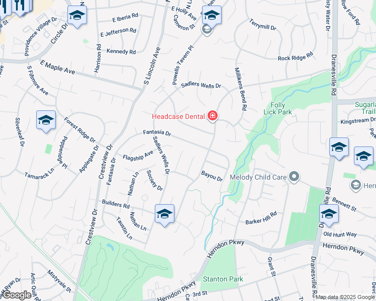 map of restaurants, bars, coffee shops, grocery stores, and more near 1601 Sadlers Wells Court in Herndon