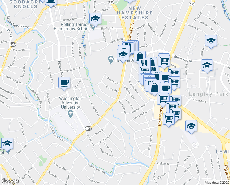 map of restaurants, bars, coffee shops, grocery stores, and more near 8002 Barron Street in Takoma Park