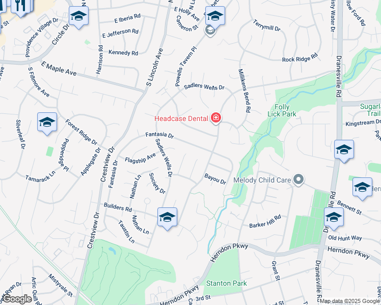 map of restaurants, bars, coffee shops, grocery stores, and more near 1601 Sadlers Wells Court in Herndon