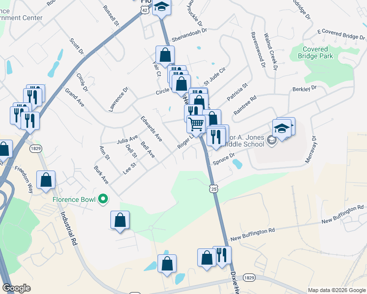 map of restaurants, bars, coffee shops, grocery stores, and more near 7 Roger Lane in Florence