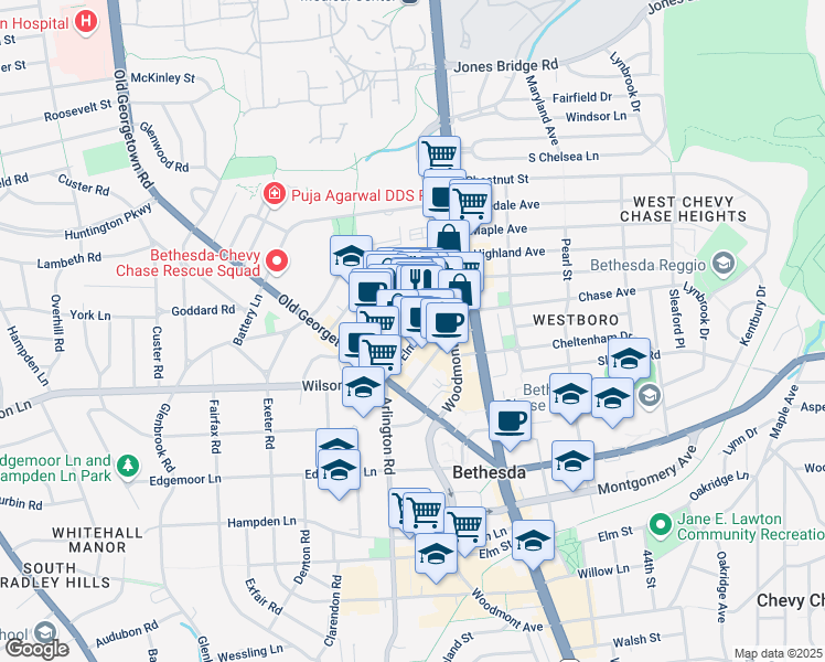 map of restaurants, bars, coffee shops, grocery stores, and more near 7900 Norfolk Avenue in Bethesda