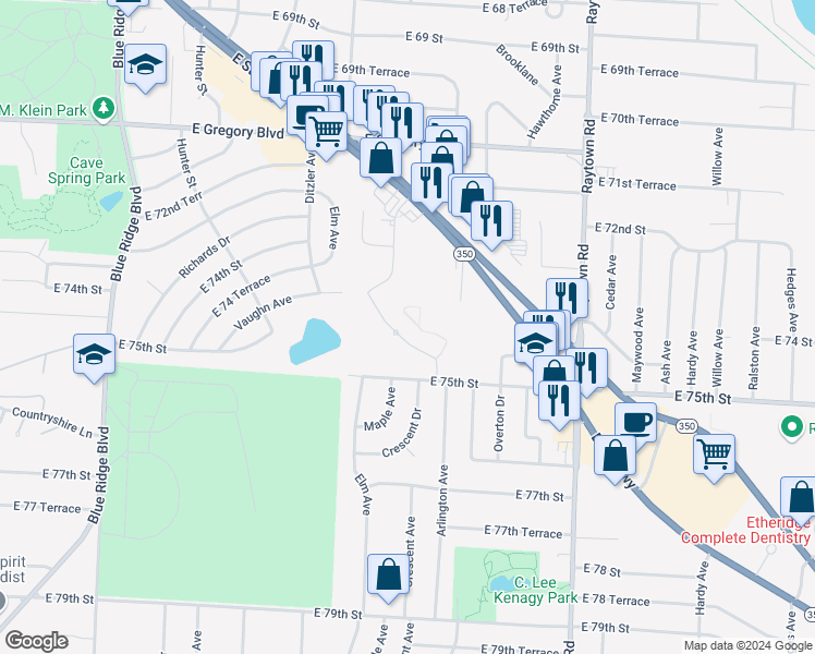 map of restaurants, bars, coffee shops, grocery stores, and more near 9540 East 75th Street in Raytown