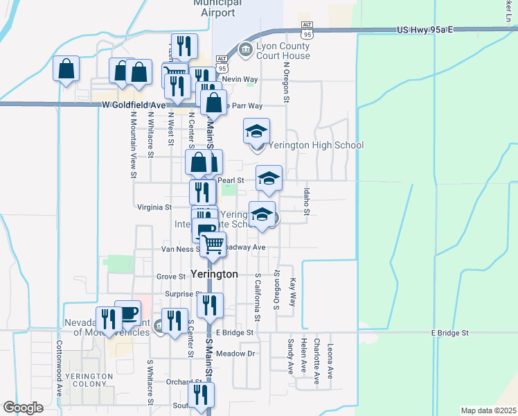 map of restaurants, bars, coffee shops, grocery stores, and more near 112 North California Street in Yerington
