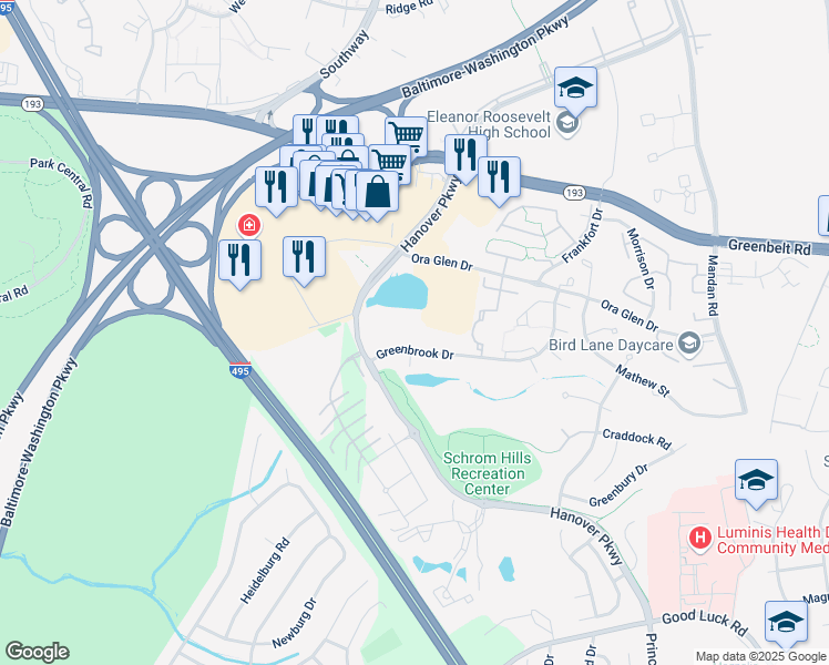 map of restaurants, bars, coffee shops, grocery stores, and more near 7232 Hanover Parkway in Greenbelt