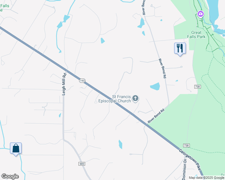 map of restaurants, bars, coffee shops, grocery stores, and more near 9320 Georgetown Pike in Great Falls