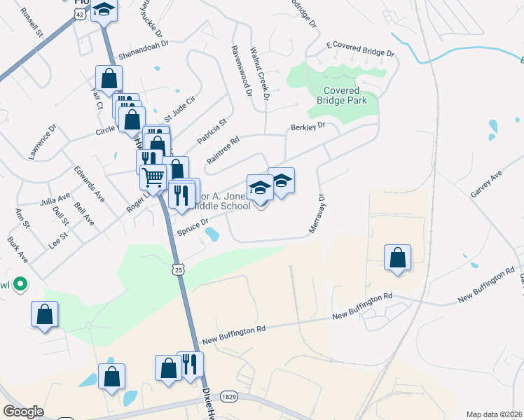 map of restaurants, bars, coffee shops, grocery stores, and more near 8000 Spruce Drive in Florence