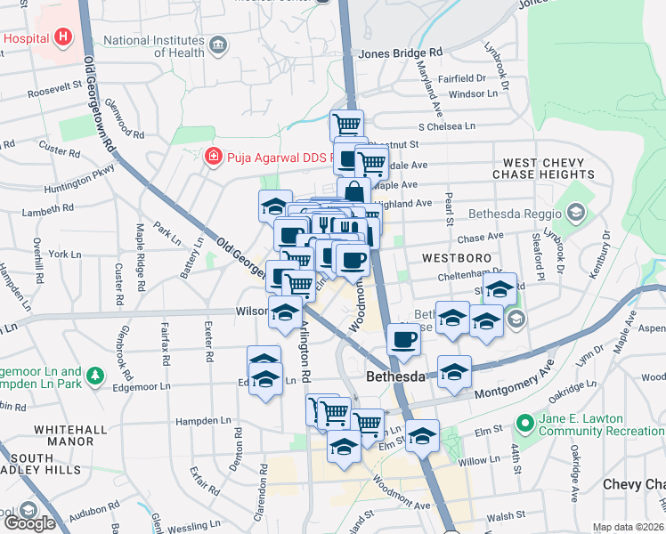 map of restaurants, bars, coffee shops, grocery stores, and more near Saint Elmo Avenue in Bethesda