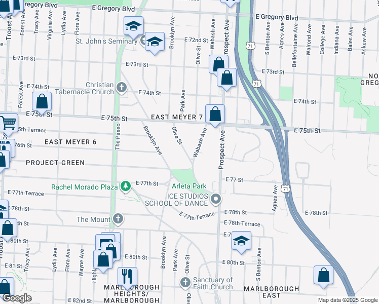 map of restaurants, bars, coffee shops, grocery stores, and more near 7524 Wabash Avenue in Kansas City