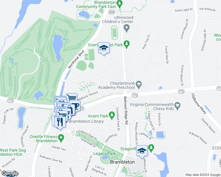 map of restaurants, bars, coffee shops, grocery stores, and more near 22676 Heart Pine Square in Brambleton