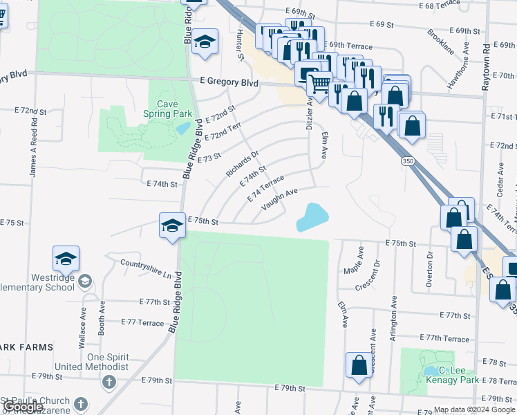 map of restaurants, bars, coffee shops, grocery stores, and more near 9108 Vaughn Avenue in Raytown