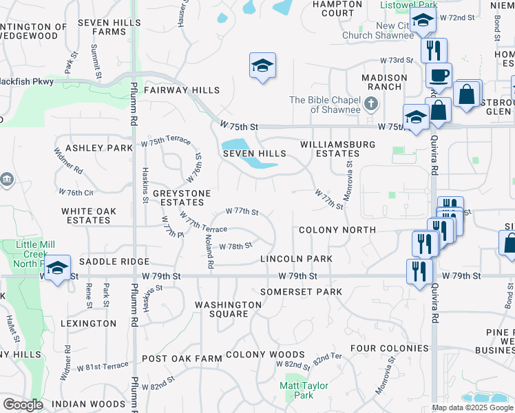 map of restaurants, bars, coffee shops, grocery stores, and more near 7618 Parkhill Street in Shawnee