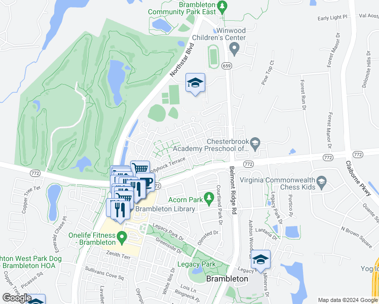 map of restaurants, bars, coffee shops, grocery stores, and more near 22770 Ferncrest Terrace in Ashburn