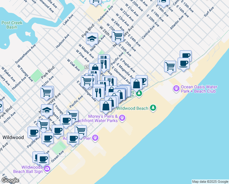 map of restaurants, bars, coffee shops, grocery stores, and more near 3218 Atlantic Avenue in Wildwood