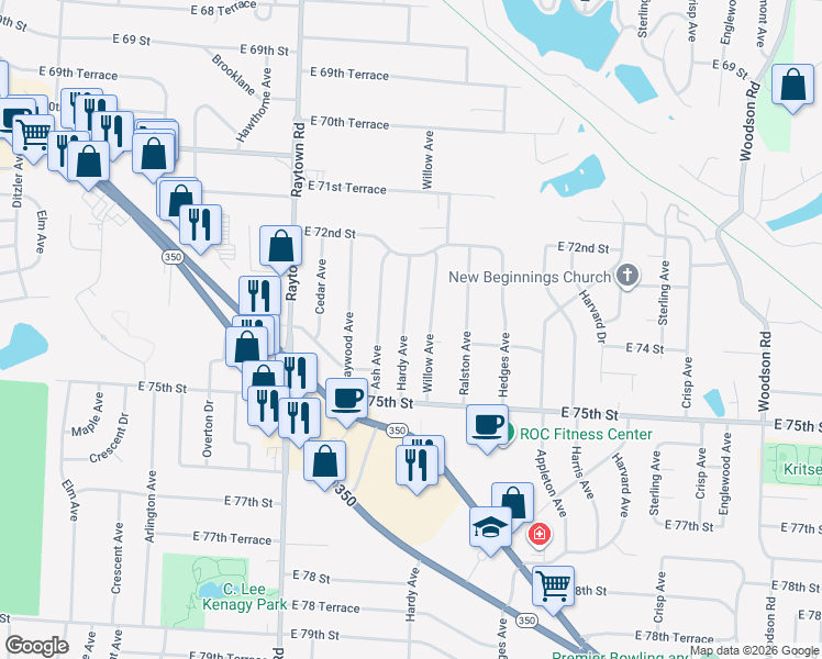 map of restaurants, bars, coffee shops, grocery stores, and more near 7315 Hardy Avenue in Raytown