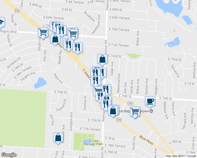map of restaurants, bars, coffee shops, grocery stores, and more near 9900M Highway 350 in Raytown