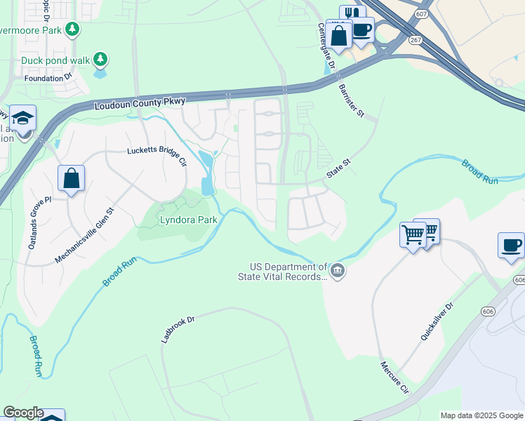 map of restaurants, bars, coffee shops, grocery stores, and more near 22690 High Haven Terrace in Ashburn