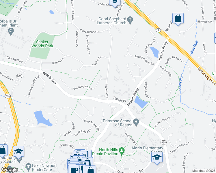map of restaurants, bars, coffee shops, grocery stores, and more near 1243 Reston Avenue in Herndon