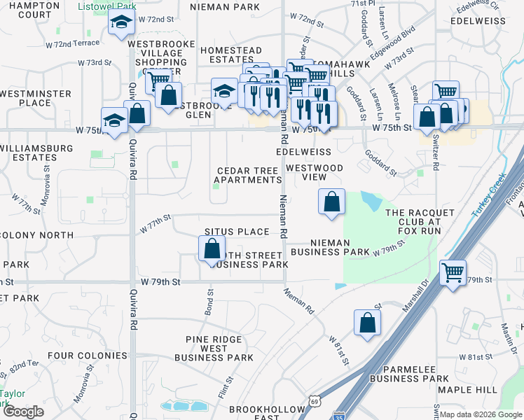 map of restaurants, bars, coffee shops, grocery stores, and more near 11148 West 76th Terrace in Overland Park