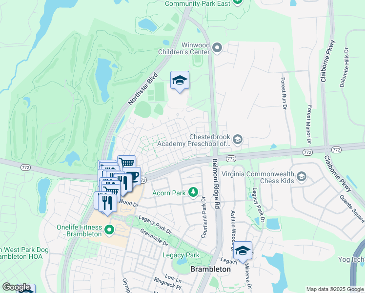 map of restaurants, bars, coffee shops, grocery stores, and more near 42596 Hollyhock Terrace in Brambleton