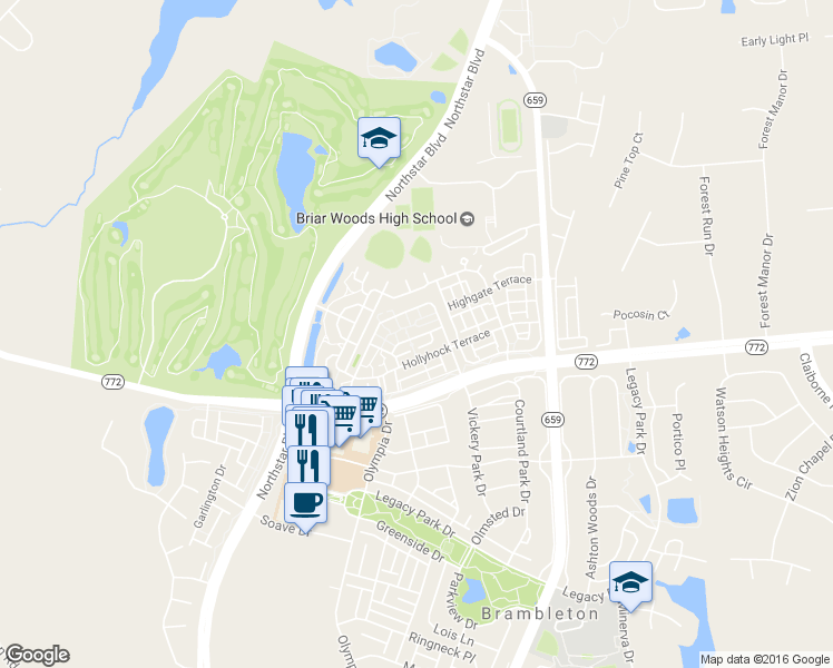 map of restaurants, bars, coffee shops, grocery stores, and more near 42446 Mayflower Terrace in Brambleton