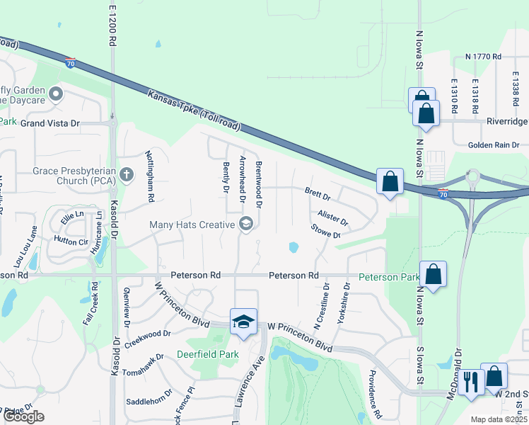 map of restaurants, bars, coffee shops, grocery stores, and more near 529 Durham Court in Lawrence