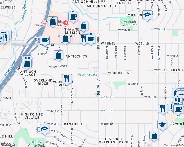 map of restaurants, bars, coffee shops, grocery stores, and more near 8711 West 76th Terrace in Overland Park