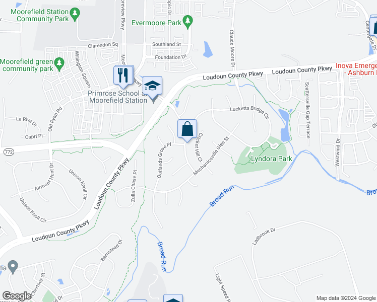 map of restaurants, bars, coffee shops, grocery stores, and more near 43457 Lucketts Bridge Circle in Ashburn