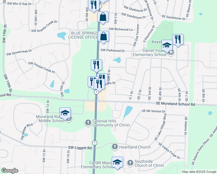 map of restaurants, bars, coffee shops, grocery stores, and more near 4812 Southwest 5th Street in Blue Springs