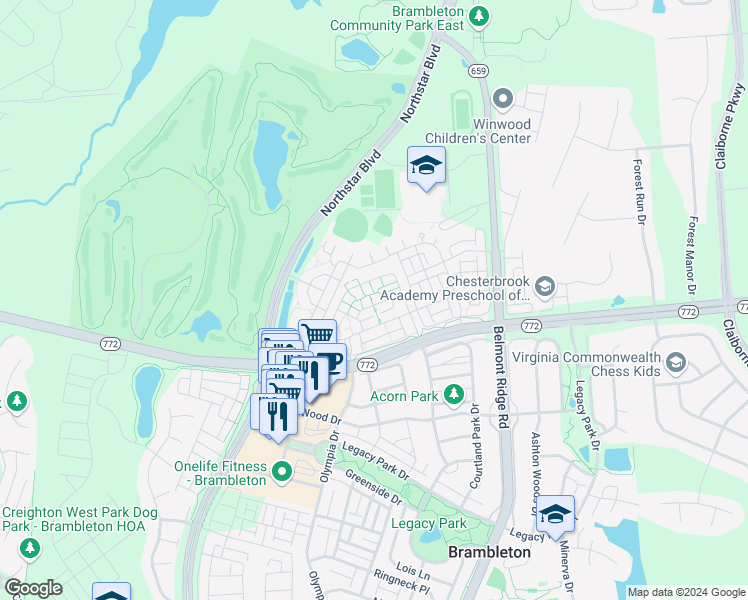 map of restaurants, bars, coffee shops, grocery stores, and more near 42492 Mayflower Terrace in Ashburn
