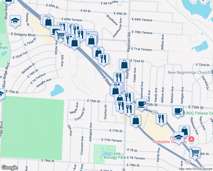 map of restaurants, bars, coffee shops, grocery stores, and more near 9703M East State Route 350 in Raytown
