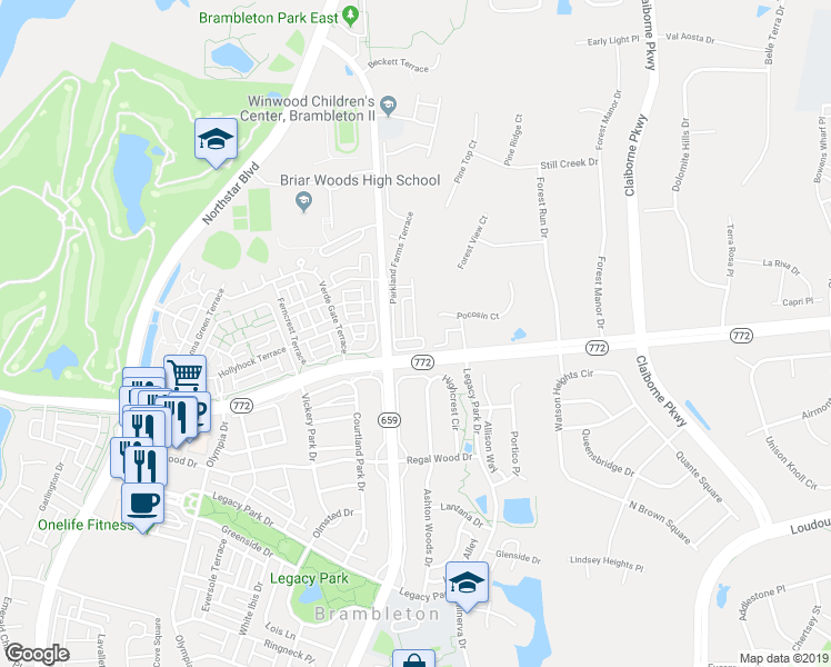 map of restaurants, bars, coffee shops, grocery stores, and more near 22691 Flowing Spring Square in Brambleton