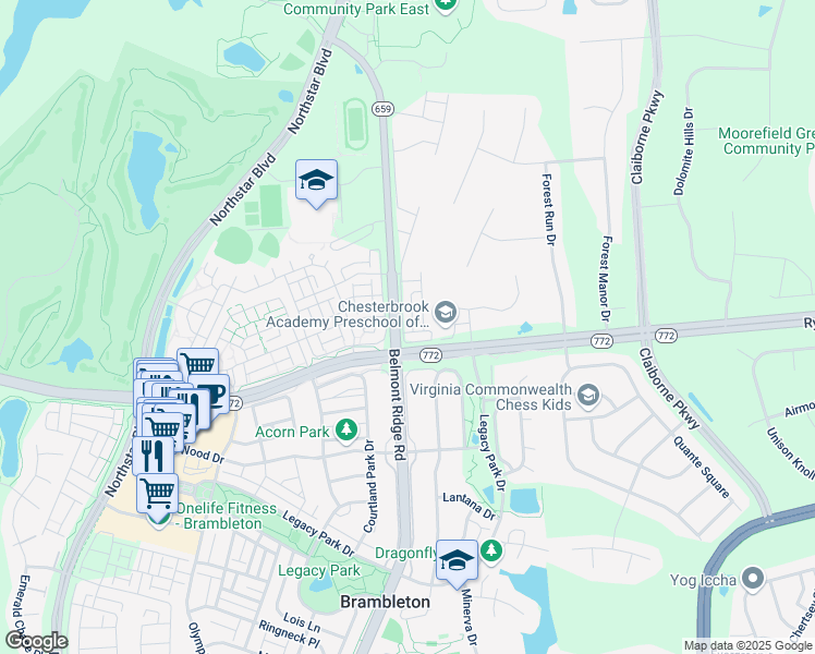 map of restaurants, bars, coffee shops, grocery stores, and more near 22704 Parkland Farms Terrace in Ashburn
