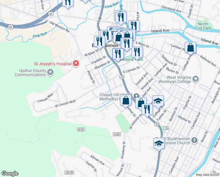 map of restaurants, bars, coffee shops, grocery stores, and more near 1-71 Coleman Pl in Buckhannon