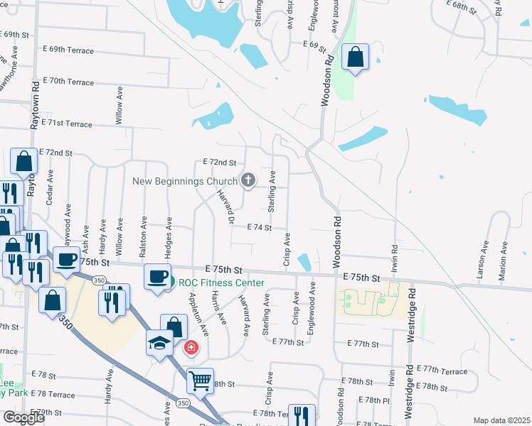 map of restaurants, bars, coffee shops, grocery stores, and more near 11104 East 73rd Street in Raytown
