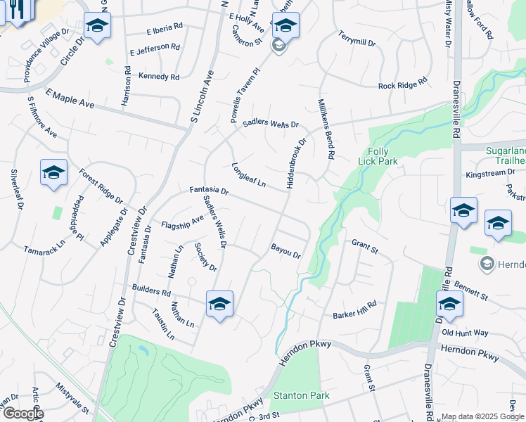 map of restaurants, bars, coffee shops, grocery stores, and more near 12707 Fantasia Drive in Herndon