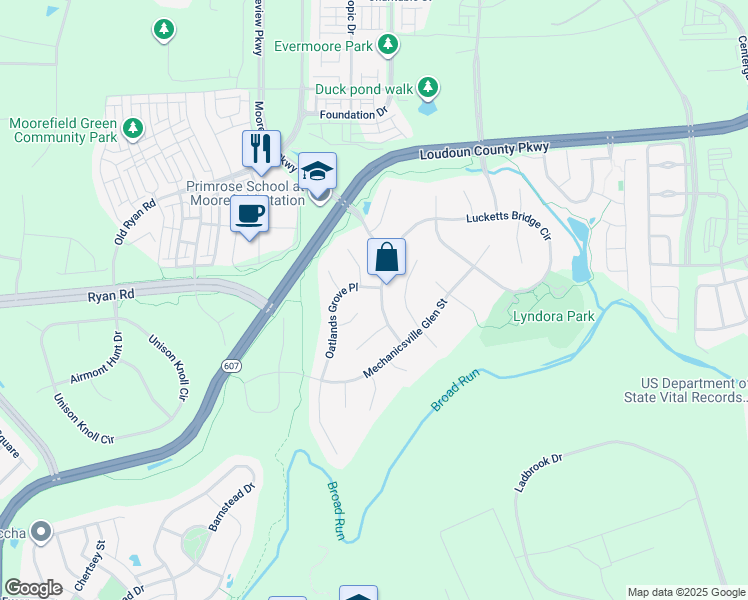 map of restaurants, bars, coffee shops, grocery stores, and more near 43460 Lucketts Bridge Circle in Ashburn