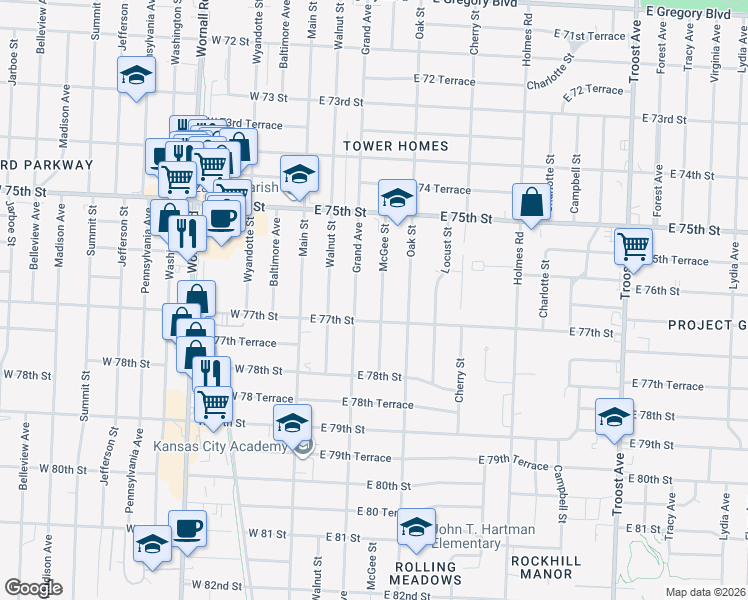 map of restaurants, bars, coffee shops, grocery stores, and more near 7571 Grand Avenue in Kansas City