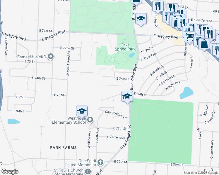 map of restaurants, bars, coffee shops, grocery stores, and more near 8608 East 74 Terrace in Kansas City
