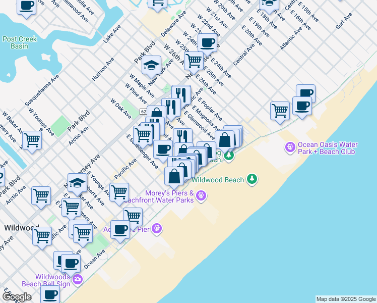 map of restaurants, bars, coffee shops, grocery stores, and more near 3218 Atlantic Avenue in Wildwood