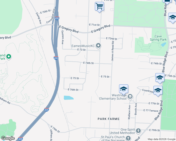 map of restaurants, bars, coffee shops, grocery stores, and more near 7416 Manchester Avenue in Kansas City