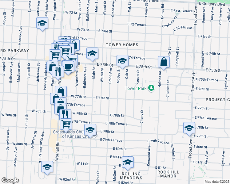 map of restaurants, bars, coffee shops, grocery stores, and more near 7571 Grand Avenue in Kansas City