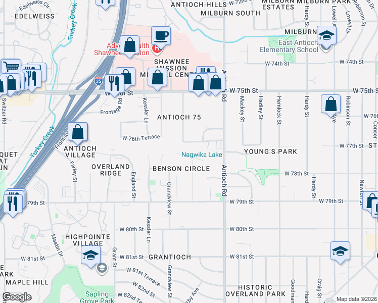 map of restaurants, bars, coffee shops, grocery stores, and more near 8809 West 76th Terrace in Overland Park