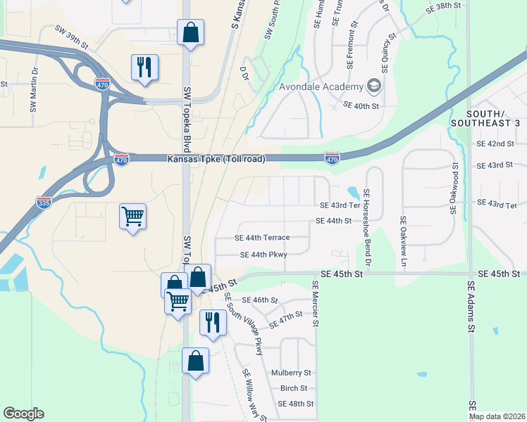 map of restaurants, bars, coffee shops, grocery stores, and more near 4321 Southeast Grand Oaks Avenue in Topeka