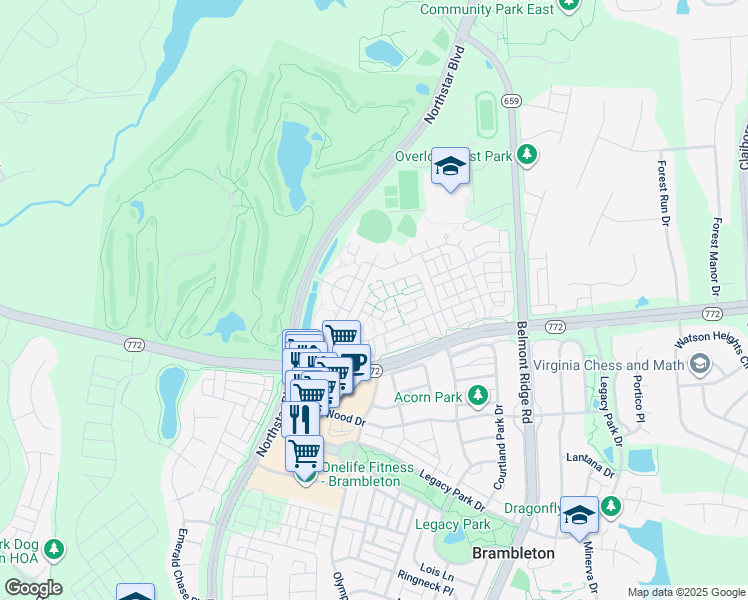 map of restaurants, bars, coffee shops, grocery stores, and more near 22611 Blue Elder Terrace in Brambleton